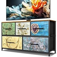 MYGIIVOVO Chest of Drawers, Dresser for Bedroom with 5 Fabric Drawers, TV Stand with 4 Castors, Storage Organizer Unit for Living Room and Kids Room (Flowers)