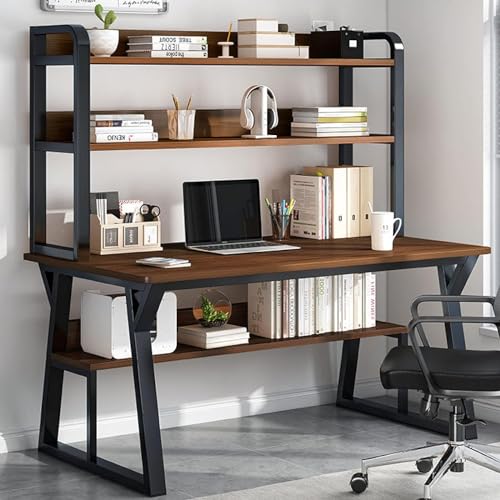 Escritorio moderno para computadora con estantes de almacenamiento y estantería, marco de metal resistente, estación de trabajo de escritura simple para el hogar, oficina, mesa de estudio, elegante y