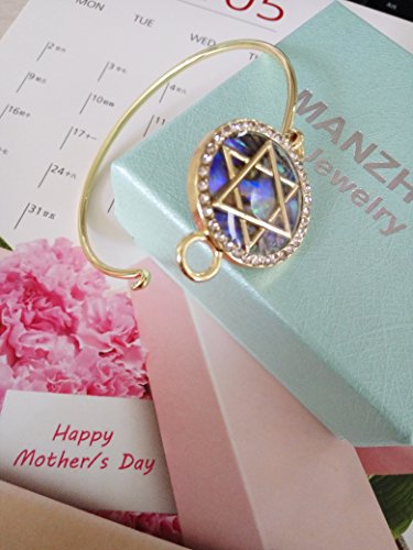 Manzhen Jewish Charm Star Of David Abalone Shell Wire Openable Crystal Bangle Bracelet (Gold) #TOP4