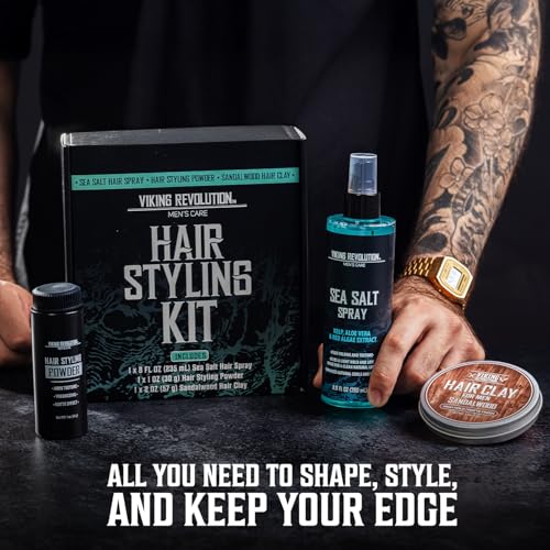 Image of Viking Revolution Sea Salt Spray for Hair Men (8fl oz), Matte Sandalwood Hair Clay (2 oz) and Hair Styling Powder for Men (1oz) - Mens Hair Styling Kit - The Ultimate Trio for Texture, Volume and Hold
