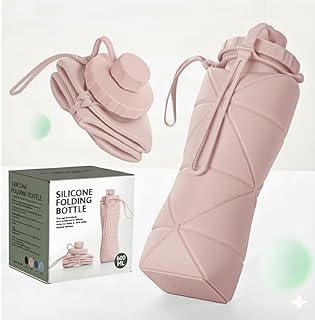 Jmax Folding Silicone Water Bottle | Sports Water Bottle for Outdoor Travel | Portable Leakproof Water Cup for Running Cycling Lightweight | (Pink, 600 ml)