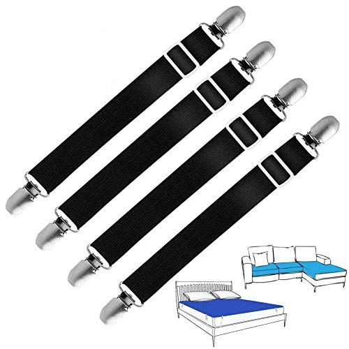 Joseche Sangles de maintient de Drap réglable, 4 pièces de fixateur de Drap, Attaches, Bretelles, de Couleur Noir, réglable, pour lit ou canapé d'angle, Sangles élastiques de soutient pour Matelas
