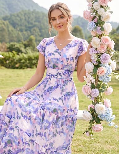 GRACE KARIN Women Summer Dress,Maxi Floral Dresses,V Neck Wedding Guest Flowy Dress 2026 Purple Dotted Flowers XXL — view 2