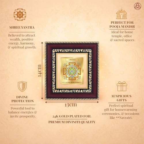 Image of DIVINITI Siddh Energised Shree Yantra | 24k Gold Plated Foil Sacred Prosperity Vastu Frame for Home, Office & Puja Room | Spiritual Yantra for Prosperity, Peace & Positive Energy (14 X 13 CM)