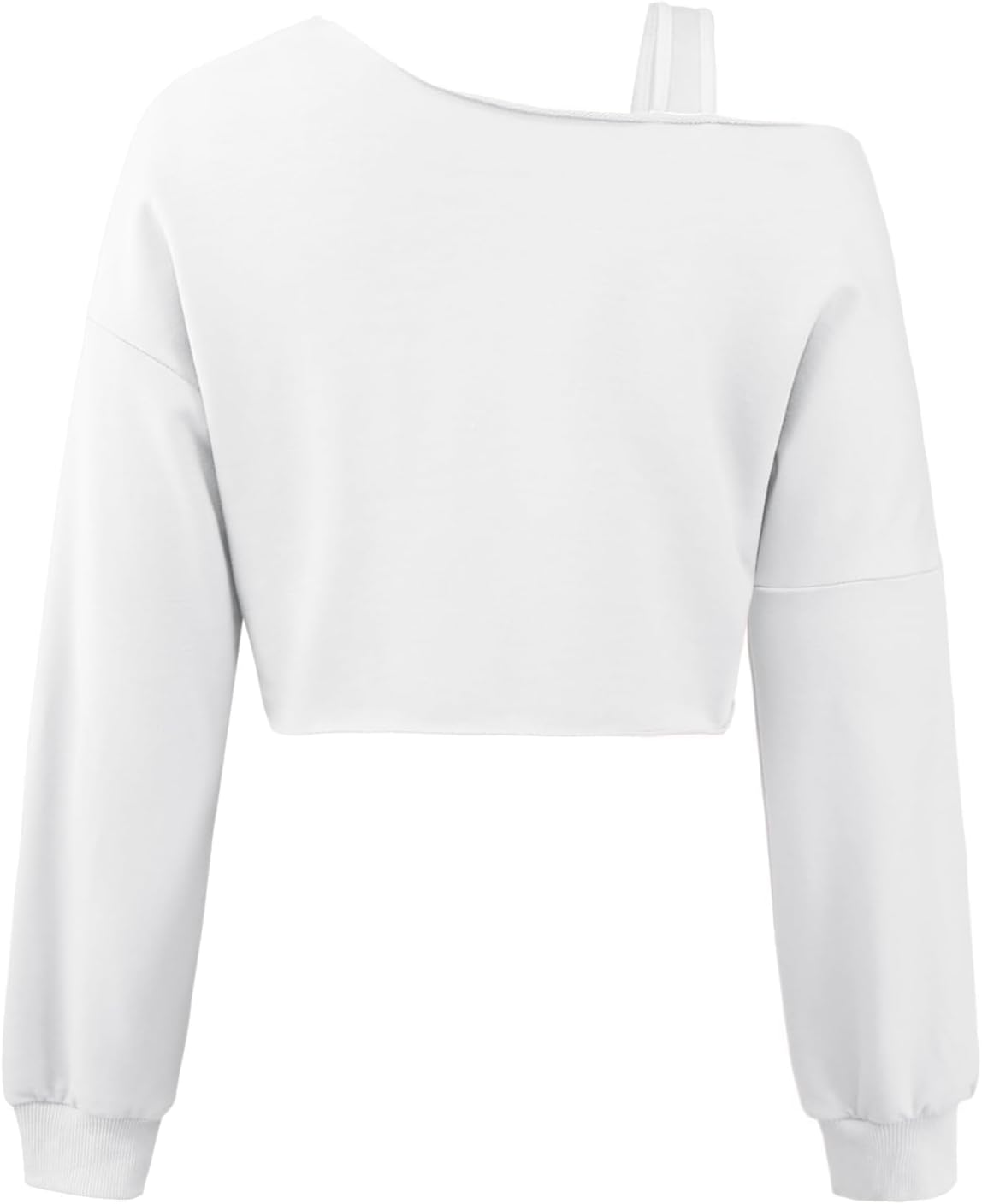 Remidoo Off The Shoulder Sweatshirt Long Sleeve Crop Top Cropped Asymmetrical Neck Shirt White X-Small - Image 2