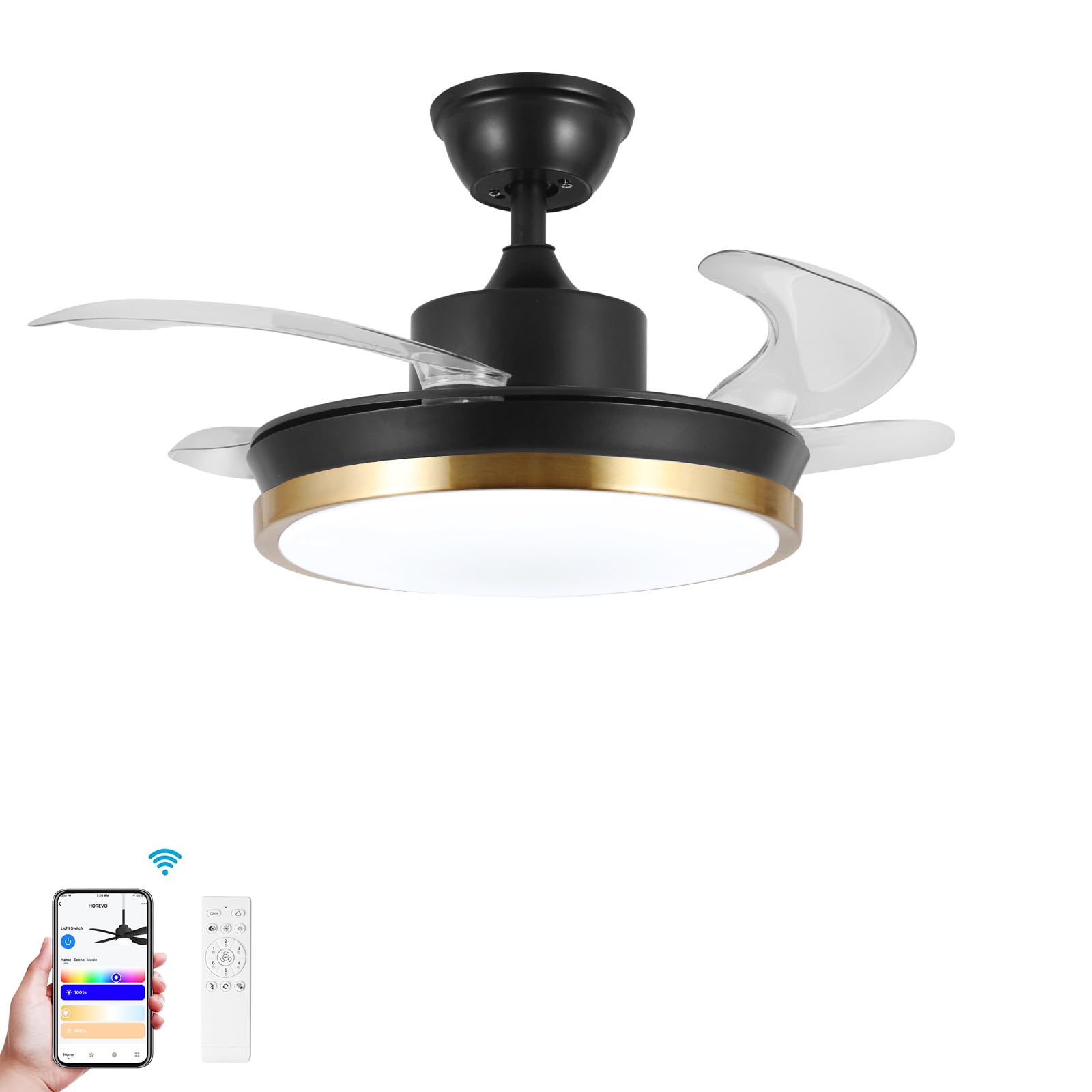HOREVO Smart Retractable Ceiling Fan with Lights and Bluetooth Speaker - 36", Color Changing, Alexa and Google App Control - Black and Gold