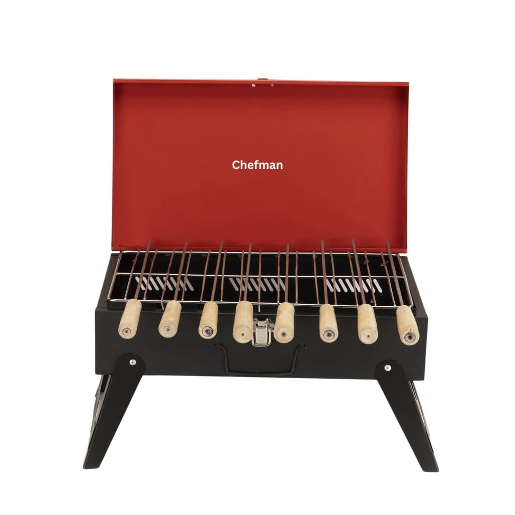 Chefman Foldable Briefcase Barbecue Grill, Ultimate Travel BBQ Companion (RED, BIG)
