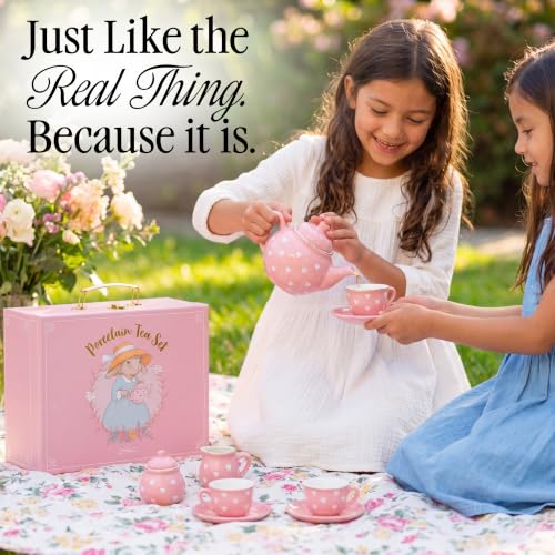Image of Giggle & Honey Pink Heart Tea Party Set for Little Girls, Porcelain Kids Tea Set with Carry Case, Teapot Cups & Saucers, Princess Pretend Play Gifts for Girls 3, 4, 5, 6, 7, 8 Years