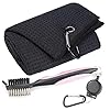 Mile High Life Golf Towels - Microfiber Waffle Pattern Tri-fold, Brush Tool Kit with Club Groove Cleaner with Retractable Cord and Clip, for Men Women, Golf Gift (Black Towel+Pink Brush)