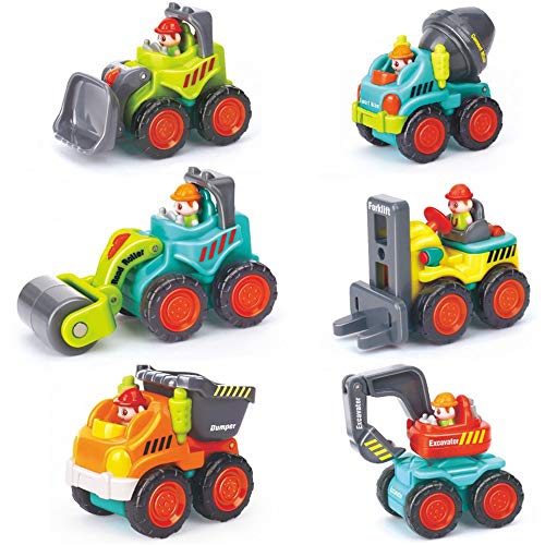 Construction Vehicle Toy Trucks Push and Go Pocket Size Sliding Cars for Baby Toddlers Over 18 Months - Bulldozer, Cement Mixer, Dumper, Forklift, Excavator and Road Roller Gift Set (6 Pack)