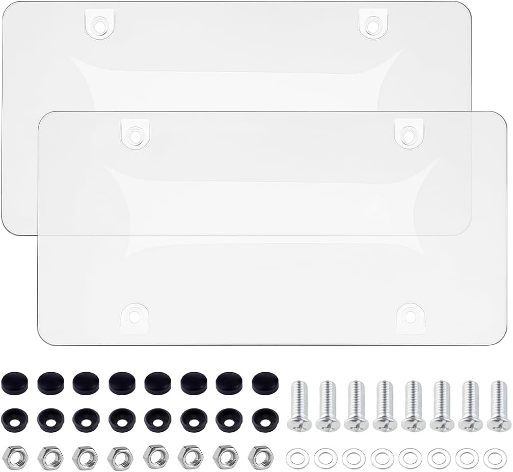 FALVFUN 2-Pack Unbreakable Clear License Plate Covers - Transparent Shield with Screws & Caps, Universal for Cars, SUVs, RVs