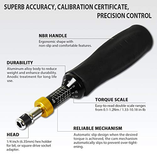 FIRSTINFO Precision Certified Torque Limiting Screwdriver, 1/4 Inch Universal Hex Bit Holder, 0.1-1.2 Nm / 1.33-10.18 In-lb with Double Scale