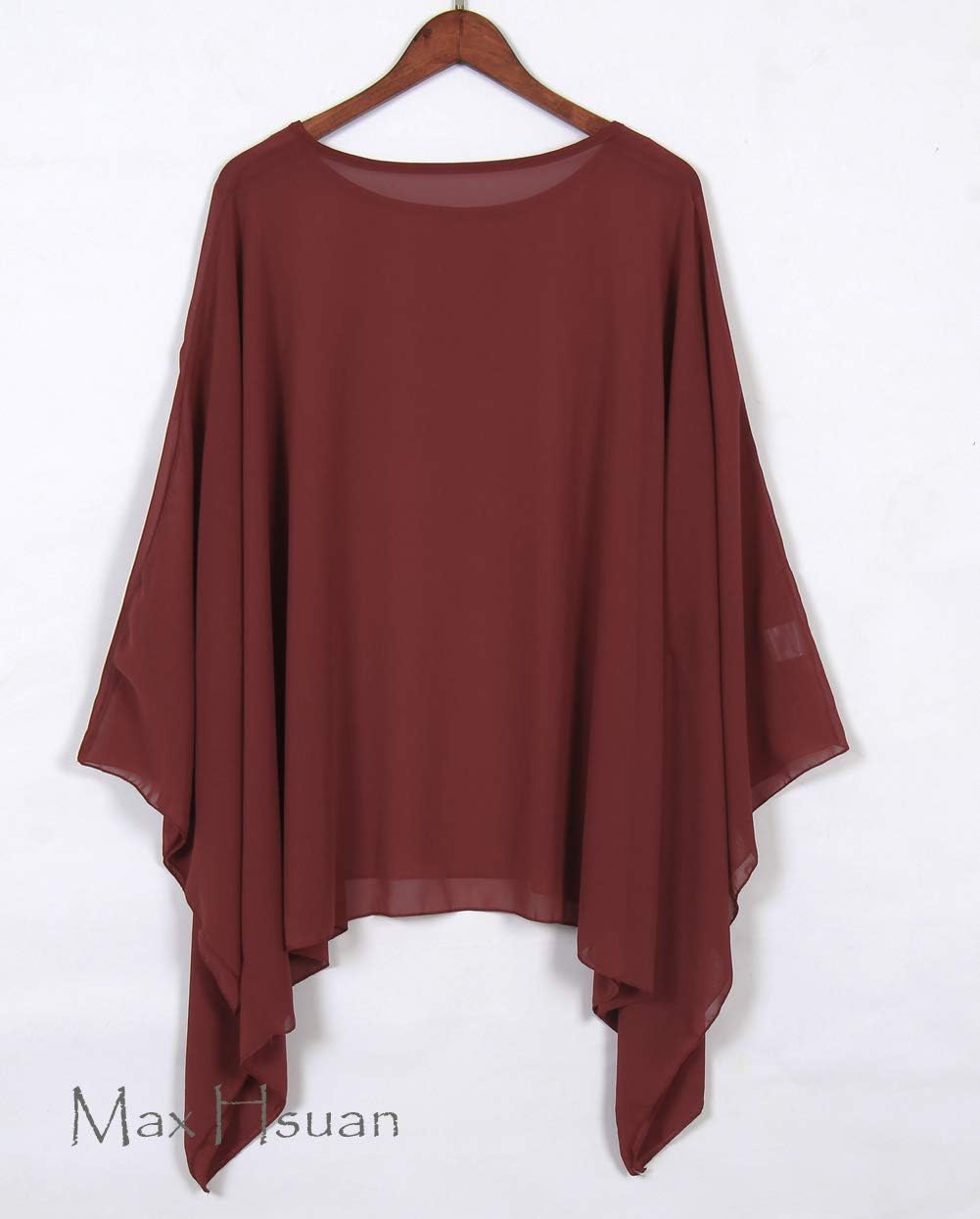 Max Hsuan Womens Summer Solid Sheer Batwing Blouse Chiffon Caftan Poncho Tunic Top Plus Size Cover up - Image 3
