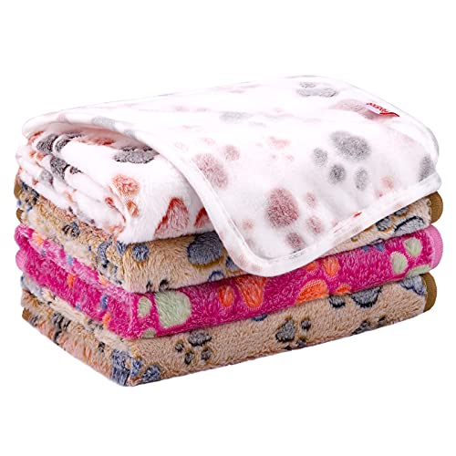Pedgot 4 Pieces Fluffy Dog Blankets with Paw Print 30 x 20 Inches Soft and Warm Pet Throw Blankets Sleep Bed Mat for…