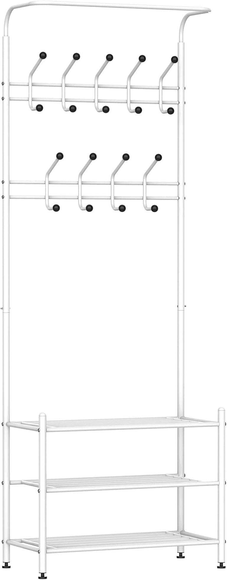 HOMCOM Coat Rack Stand Hall Tree Hallway Furniture with 18 Hooks 3-Tier Shoe Rack Metal Frame for Entryway Bedroom Living Room White