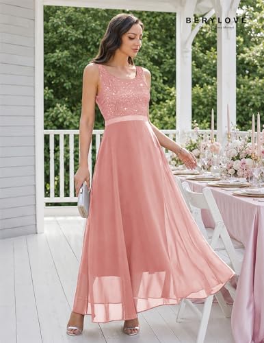 Image of BeryLove Sequin Dress for Woman Vintage A Line Wedding Formal Swing Mesh Dress Sleeveless Cocktail Maxi Gowns