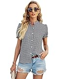 Romwe Women's Floral Print Ruffle Puff Short Sleeve Casual Blouse Tops White Houndstooth Print XL