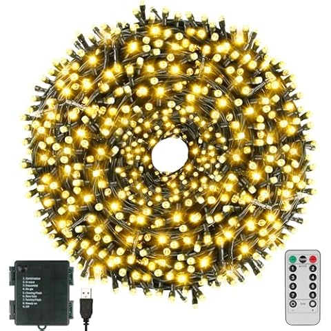 Christmas Lights 66FT 200 LED Battery String Lights Timer Memory Function USB and Battery Powered Waterproof String Lights, Easy to Carry and Install for Indoor and Outdoor Decoration (Warm White) Cover