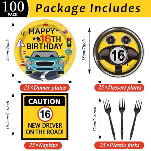 Image of 100 Pcs Drivers License 16th Birthday Party Decorations New Driver Car Plates and Napkins Set Disposable Racing 16 Years Old Paper Tableware for Boys Learner Driver Theme Supplies Serves 25