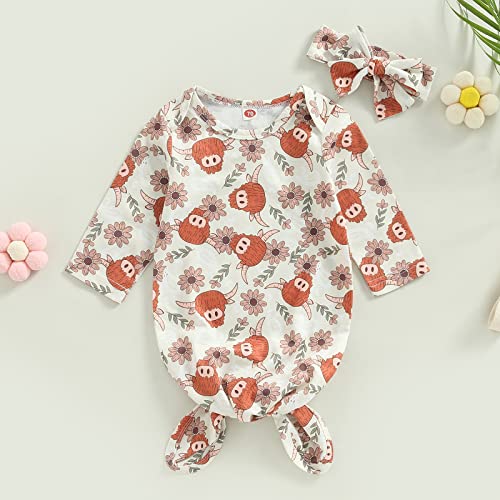 Aojekbee Newborn Girls Boys Sleeping Bag Floral Cow Head Print Long Sleeve Knotted Baby Wearable Blanket Wrap Swaddle With Headband (Beige, 0-3 Months) #TOP2