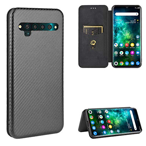 Funda para TCL 10 Pro Flip Case, PU de fibra de carbono + TPU híbrido caso a prueba de golpes funda cartera con correa, Kickstand