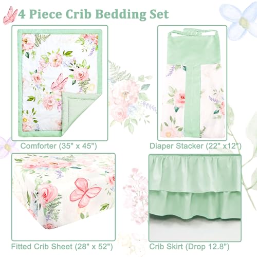 Image of 4 Piece Crib Bedding Set for Girls, Baby Girl Crib Bedding Set Butterflies Floral Nursery Bedding Set Includes Comforter, Fitted Crib Sheet, Crib Skirt, and Diaper Stacker, Green & Pink | Garden Theme