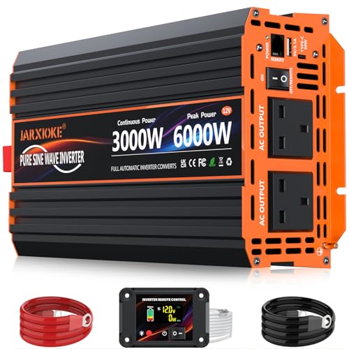 3000W Pure Sine Wave Power Inverter DC 12V to AC 240V with 2 UK Sockets 30W Type-C 5V 3.1A USB-A LCD Remote Control for Motorhome Truck Solar Power Boats Camping