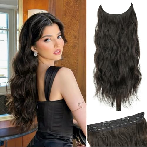 Dark Brown Invisible Wire Hair Extensions Long Wavy Synthetic Hairpiece ...