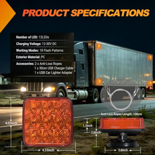 Image of Nilight Magnetic Strobe Lights 2PCS Amber 12 LED Rechargeable Warning | 18 Flash Patterns Waterproof Wireless Emergency Hazard Beacon for Trucks Trailers Snow Plows Buses Cars