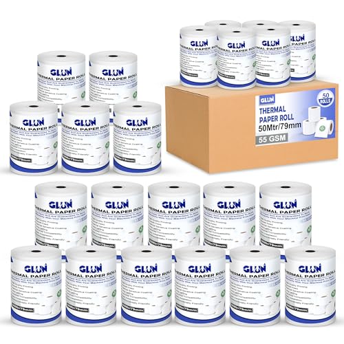 Image of GLUN POS Receipt Thermal Paper Rolls, Pack of 50 Rolls 79mm(3 inch) x 50 Meter Size, Smudge & Jam-Free Thermal Rolls for Cash Billings