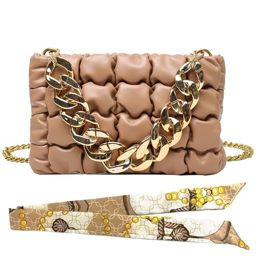 Chunky Gold Chain Quilted Vegan Leather Crossbody Purse, Plastic Metal Chain Puffer Clutch Bag, PU Leather Handbag