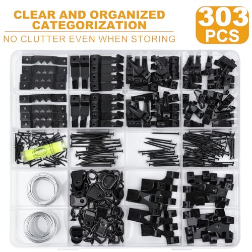Image of KURUI 303Pcs Picture Hangers for Wall Art Decor Tapestry, Picture Hanging Kit With Heavy Duty Wall Hooks, Sawtooth, Picture Wire, D Rings, Hardware Nails, Eye Hooks, Black Frame Hooks for Drywall Wood
