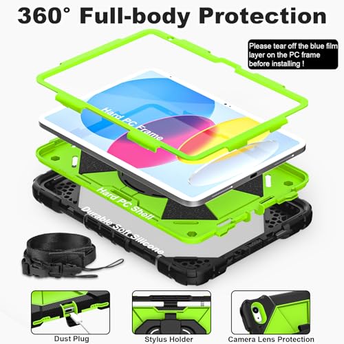 Image of WESOROL Case for iPad (A16) 11th 2025 (11-inch) /iPad 10th Generation 2022(10.9 inch),Military Grade Shockproof Cover for i Pad 11 /10 Gen with Rotating Stand Screen Protector Pencil Holder,Black Green