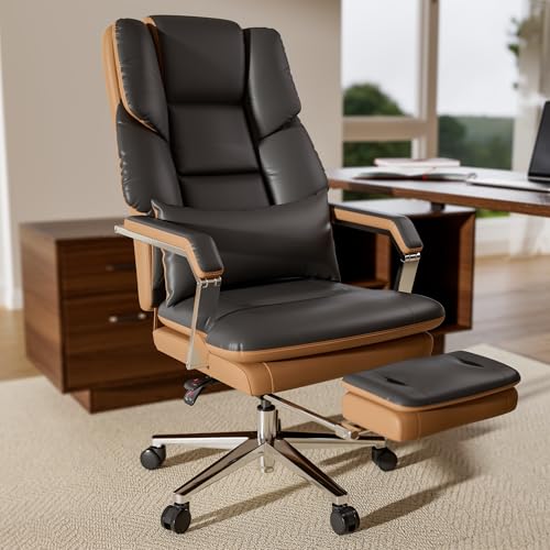 Image of SeekFancy Reclining Office Chair with Footrest, Big and Tall Office Chair 500lbs with Wide Seat and Lumbar Support for Heavy People, High Back, PU Leather, Black