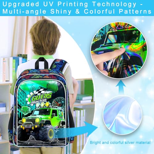 Image of AGSDON 3PCS Truck Backpack for Boys, 16 inch Little Kids Preschool Bookbag, Elementary Backpacks and Lunch Box - Green
