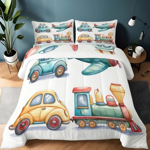 Edredón de color crema, 135 x 200 cm, para las 4 estaciones, bonito edredón infantil con diseño de coches y aviones, cálido para todo el año, sin funda, lavable, con 2 fundas de almohada de 80 x 80 cm