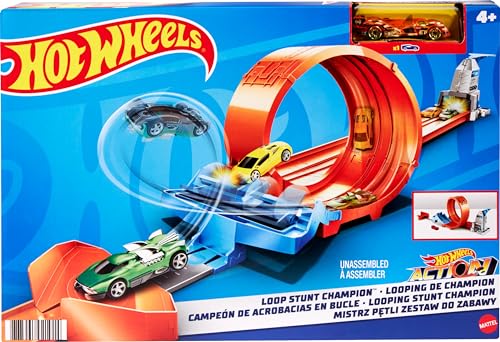 Hot Wheels Campeonato de loopings pista de carros de brinquedo com lançador, inclui 1 veículo, modelo variado (Mattel GTV13)