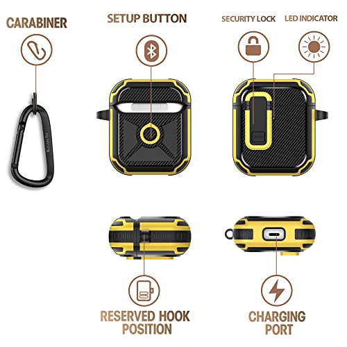 Koaichi For Airpods 2Nd/1St Generation Case, Full-Body Ultra-Hard Shell Protective Cover With Lock, Powerful Drop Protection, Well Built Case Designed For Airpods 2/1, Black/Yellow #TOP5