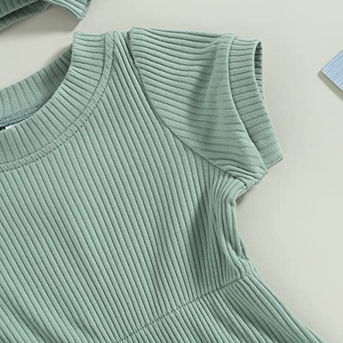 KtwHarnu Newborn Baby Girl Clothes Solid Color Ribbed Short Sleeve Romper Jumpsuit Bodysuit with Headband Summer Outfit (Green, 0-3 Months) - Thumbnail 6