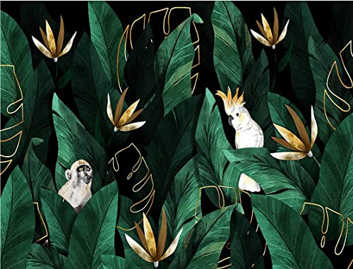 mural de papel pintado personalizado Hojas verdes y doradas mono loro animales niños habitación sala de estar decoración del hogar 400cm(W)X280cm(H) Cover