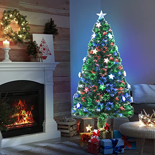HOMCOM 5FT Prelit Artificial Christmas Tree Fibre Optic Star LED Light Holiday Home Xmas Decoration with LED Light for Indoor Party, Green HOMCOM 5FT Prelit Artificial Christmas Tree Fibre Optic Star LED Light Holiday Home Xmas Decoration with LED Light for Indoor Party, Green