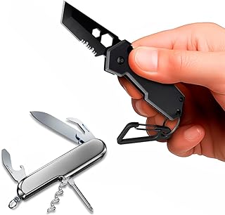 Mini Keychain Knife with Carabiner - 2" Tanto Serrated Blade - Black Multitool with Bottle Opener - Box Cutter - Liner Loc...