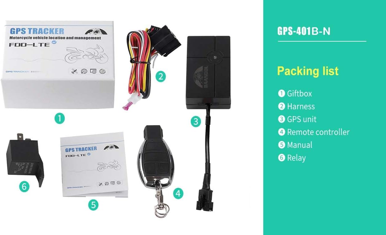 Screenshot of the BAANOOL GPS tracking application displaying real-time vehicle location on a map, with the tracker unit and remote control visible.
