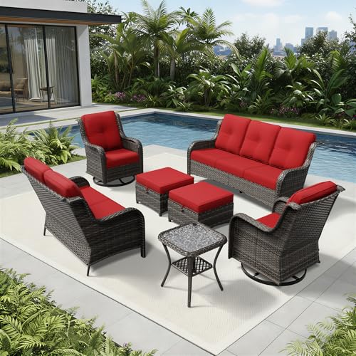 Image of Joyside 7 Piece Wicker Patio Furniture Set, Outdoor Swivel Rocker Patio Chairs with High Back, Deep Seating, Wide Armrest, Thickened Cushions, Outdoor Furniture for Deck, Porch Use