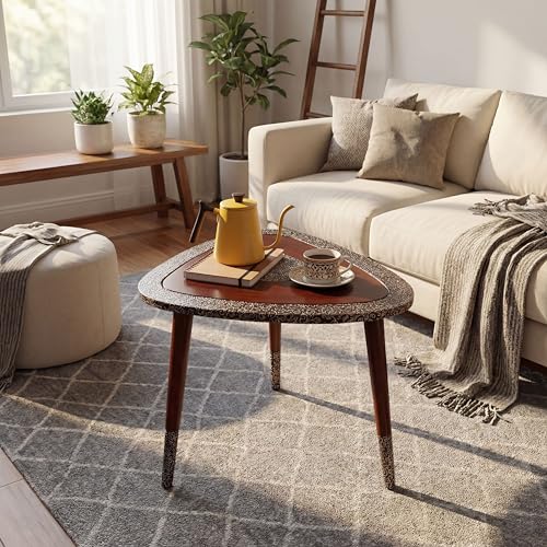 Image of Arvix Store Wooden Coffee Table with Engineered Wood Top- Solid Mango Wood Legs & Antique Aluminium Design- Perfect for Living Room & Home and Office Decor (Triangle)