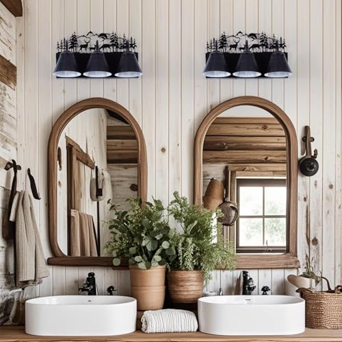 Image of Rustic 3-Light Black Vanity Light Fixtures with Deer Design, E12 Base Farmhouse Bathroom Lighting for Mirror, Cabinet, or Dressing Table (Small, Bulb Not Included)