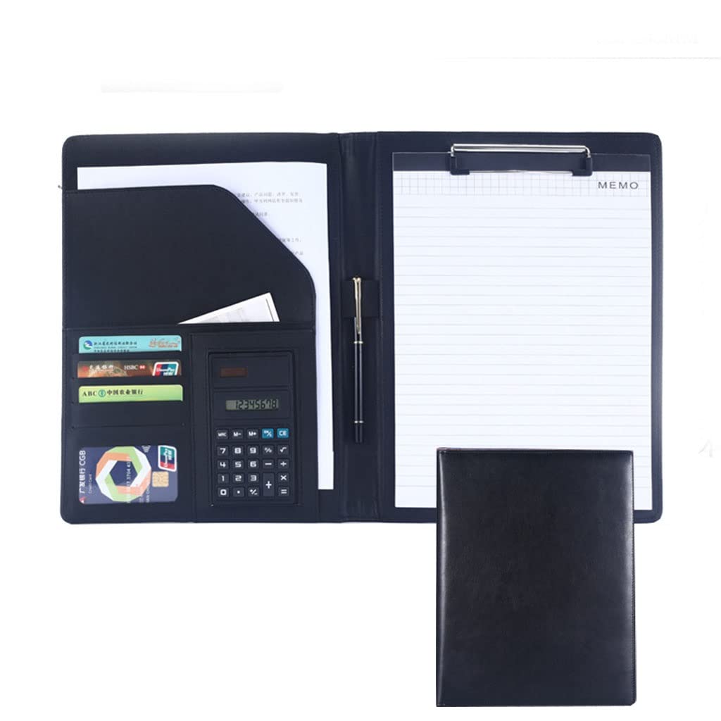 Dossier de conférence Organisateur de dossiers， Porte-bloc A4 avec rangement, porte-bloc avec porte-cartes de visite(Svart,8digit calculator)