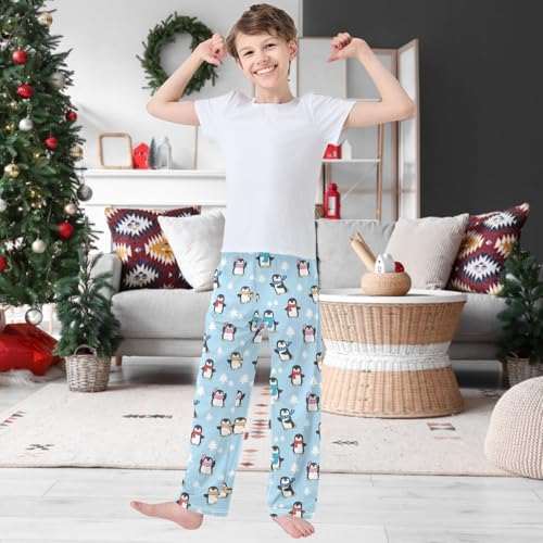 Boy's Pants Penguin with Scarf on Light Blue Lounge Bottoms Elastic Kids Sweatpants Joggers with Pockets Size 6-142