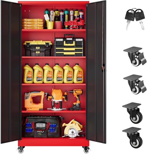 Image of SISESOL 75 inch Tall Metal Storage Cabinet with Wheels,Rolling Garage Storage Cabinet with Lock,Red Metal Cabinets on Wheels,Locking Tool Cabinets on Wheel for Garage,Home,Office,Shop