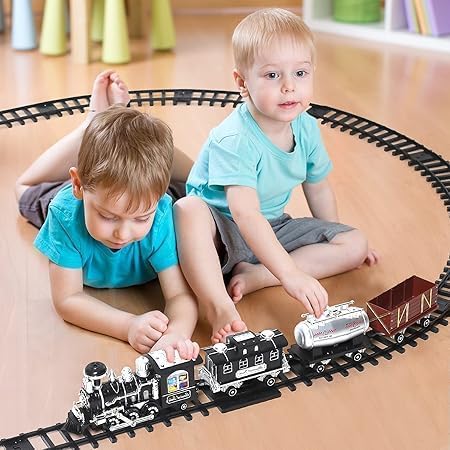 Image of Classical Electric Train Set for Boys - 16 Piece Railway Track Train Set with Light, Sound & Real Smoke Effect - Rechargeable Battery Operated Steam Engine Train Toy with Classic Track Gift